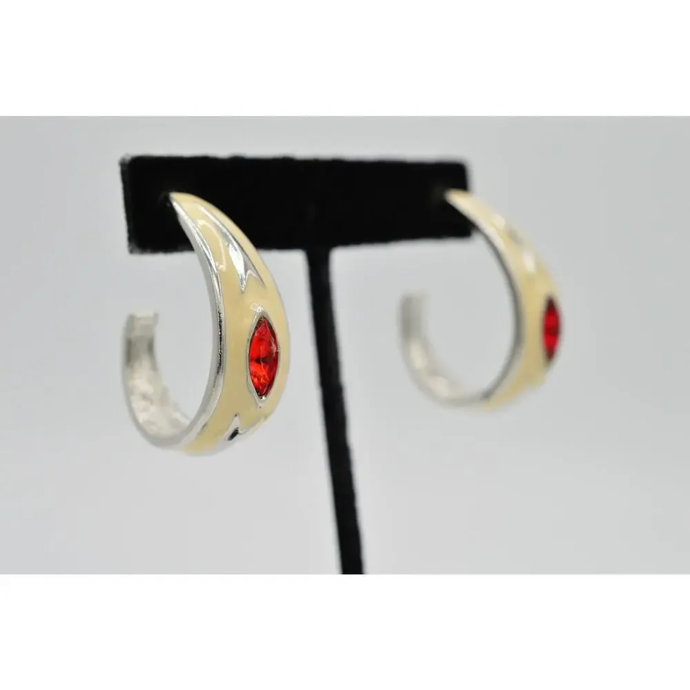 Vintage Red Crystal Earrings Lucite Rhinestone Silver Off White Enamel 1980s 9L